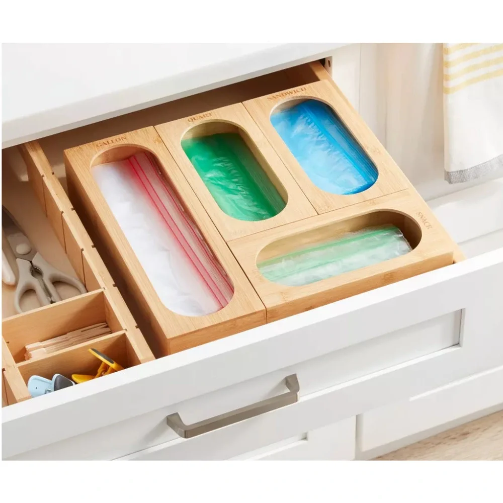 Plastic Bamboo Food Storage Bag Organizer Dispenser Holder For Drawer New in Box